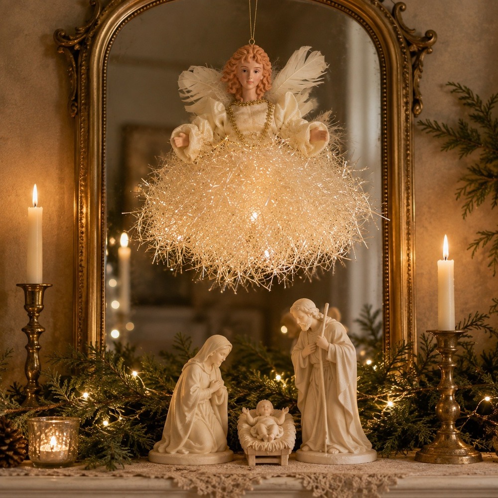 Vintage Tinsel Angel Ornament Nativity Tree Topper Feather Wings Gold Christmas